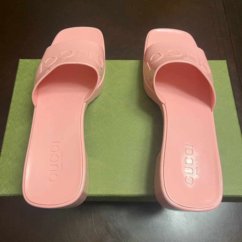 New Gucci High Heel Pink Rubber Logo Slide Sandals Size 38 / US 8 - Picture 12 of 16